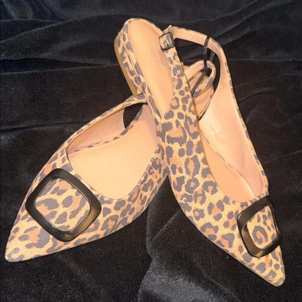 Nordstrom Leopard Print Pointed Slingback Flats with Decorative Metal Buckle